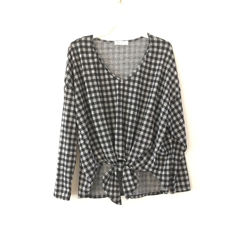 Gingham Long Sleeve Waist Knot Tie Tunic Top Black - Picture 4 of 7